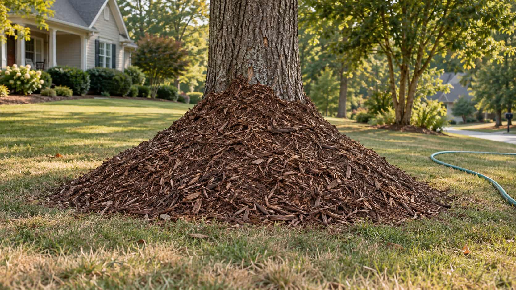 Mulch piled excessively against a tree trunk in a late-summer yard