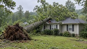 An uprooted tree rests on a house, damaging the roof after a storm.