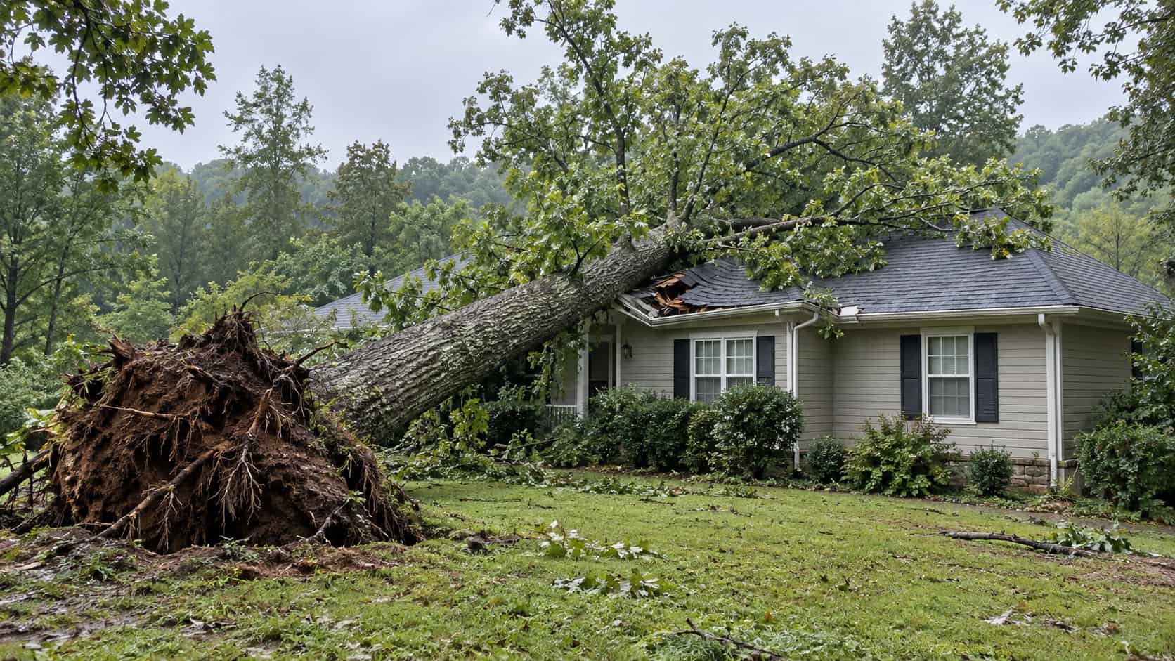 An uprooted tree rests on a house, damaging the roof after a storm.