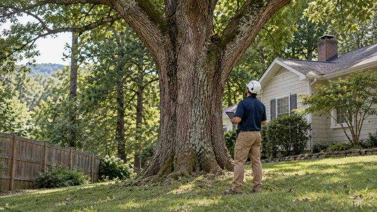 An arborist assesses a large tree beside a house and fence while holding a tablet.
