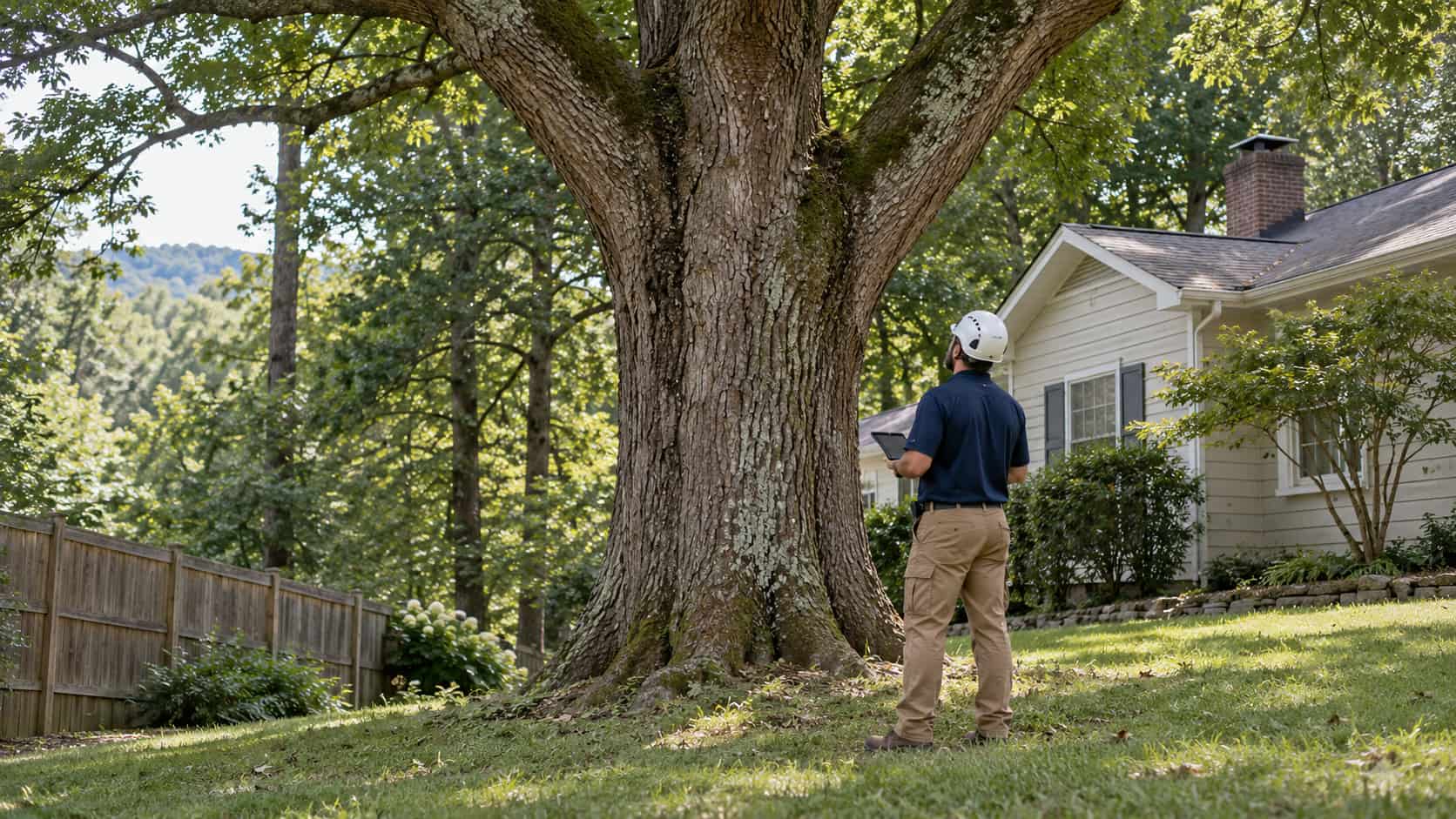 An arborist assesses a large tree beside a house and fence while holding a tablet.