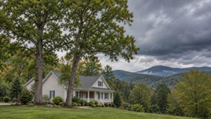 Mature trees stand beside a mountain home beneath dark storm clouds.