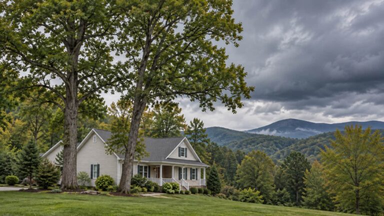 Mature trees stand beside a mountain home beneath dark storm clouds.