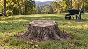 A weathered tree stump in an early-fall lawn, with a wheelbarrow and rake nearby.