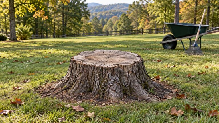 A weathered tree stump in an early-fall lawn, with a wheelbarrow and rake nearby.