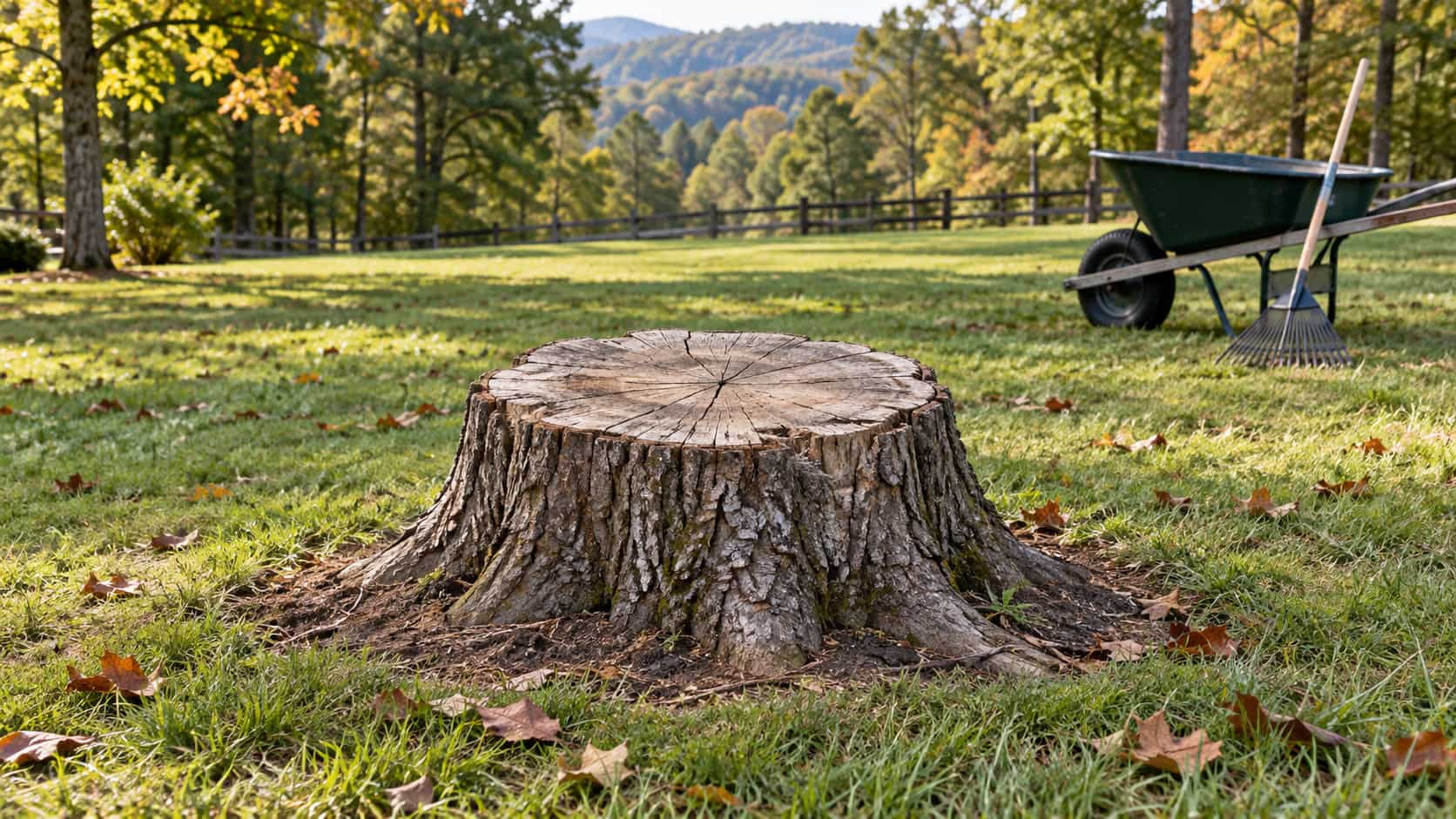 A weathered tree stump in an early-fall lawn, with a wheelbarrow and rake nearby.